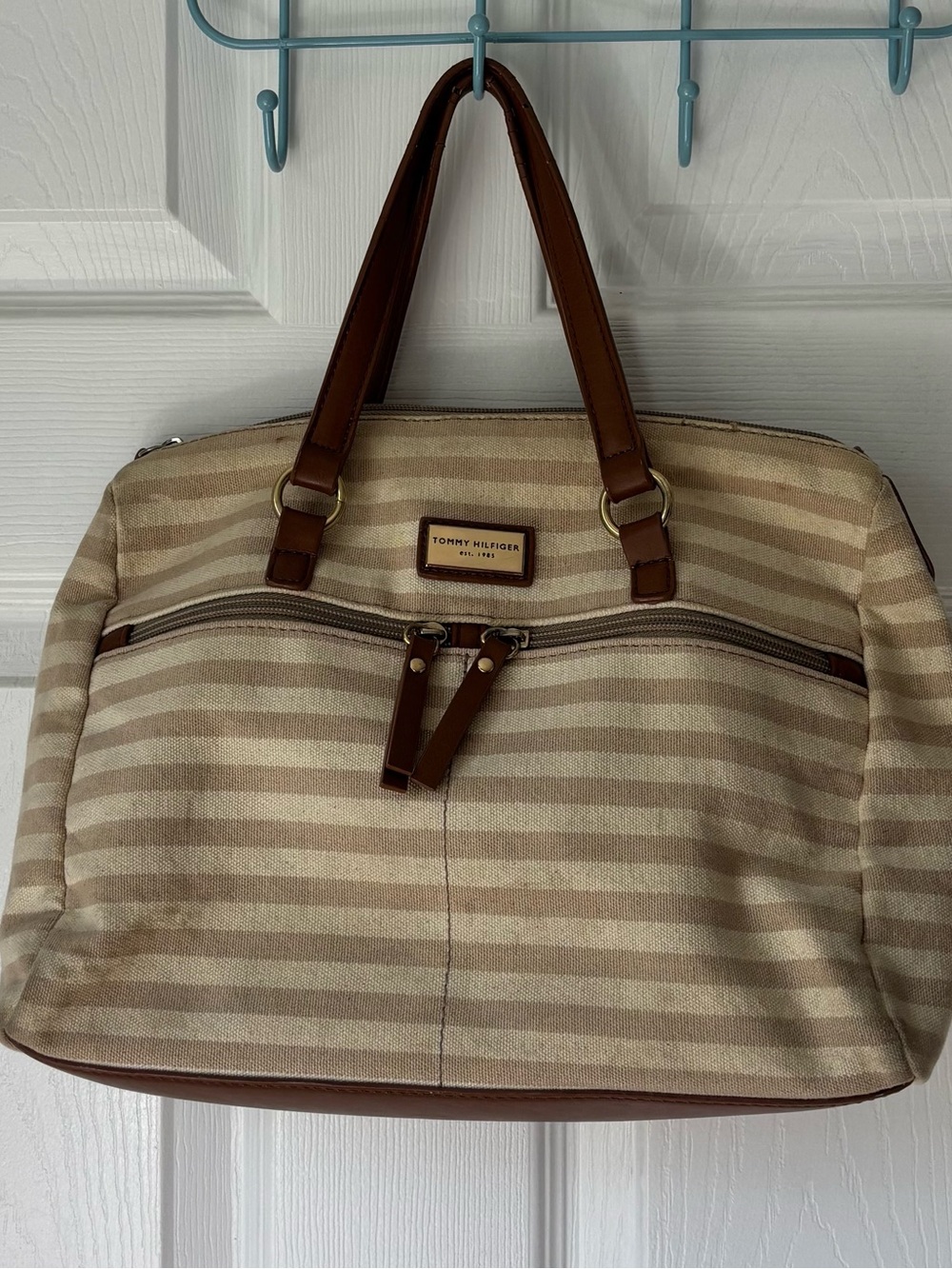 Tommy Hilfiger Beige and Brown Striped Canvas Tote